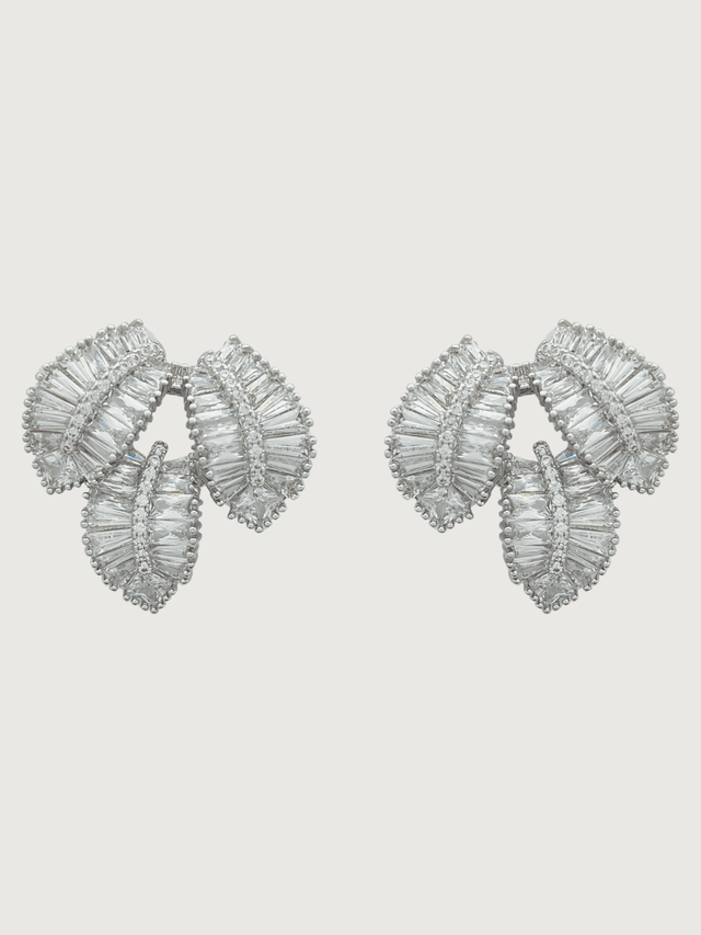 Front View of Camille Crystal Leaf Drop Earrings in Rhodium Plated Metal Jewelry for Pierced Ears Copper Post / Pin & Push 925 Sterling Silver Stamp Marked One Size 9.1gms