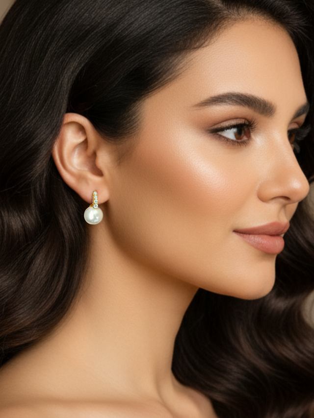 Model Wearing Bianca Pearl Huggie Hoop Earrings in 18k Gold Plated Sterling Silver Jewelry for Pierced Ears 925 Metal Stone 2 cm 2.4gms