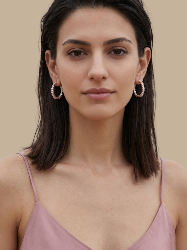 Model Wearing Nora Hoop Earrings Jewelry for Pierced Ears 18k Rose Gold Plated 925 Sterling Silver One Size 5.7gms