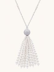 Front View of Selina Pearl Tassel Necklace Fixed Length 925 Sterling Silver Rhodium Plated Brass 36 inches 27.1gms