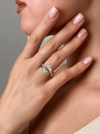 Alternate View of Model Wearing Aya Bliss Open Adjustable Ring in 925 Sterling SIlver Comfort Fit Silver One Size 3.47gms