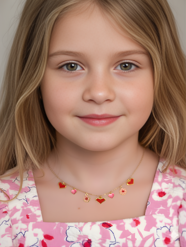 Model Wearing Little Princess Hearts and Flower Charm Necklace in 18k Gold Plated Silver Adjustable Length 925 Sterling Metal 16 inches 7.2gms