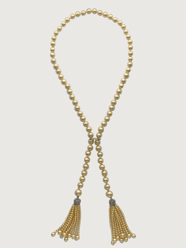 Front View of Hessa Cream Pearl Tassel Necklace with Brass clip Fixed Length Rhodium Plated Metal Stone One Size 72.1gms