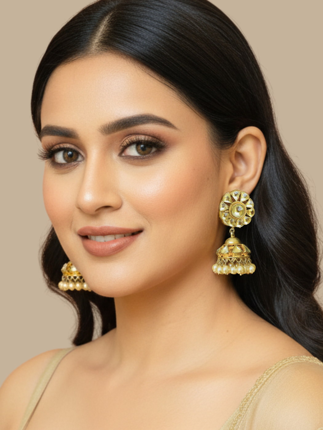 Model Wearing Ria Pearl Jhumka Earrings in Gold Finish Jewelry for Pierced Ears Plated Copper Metal Stone One Size 38.7gms Brass