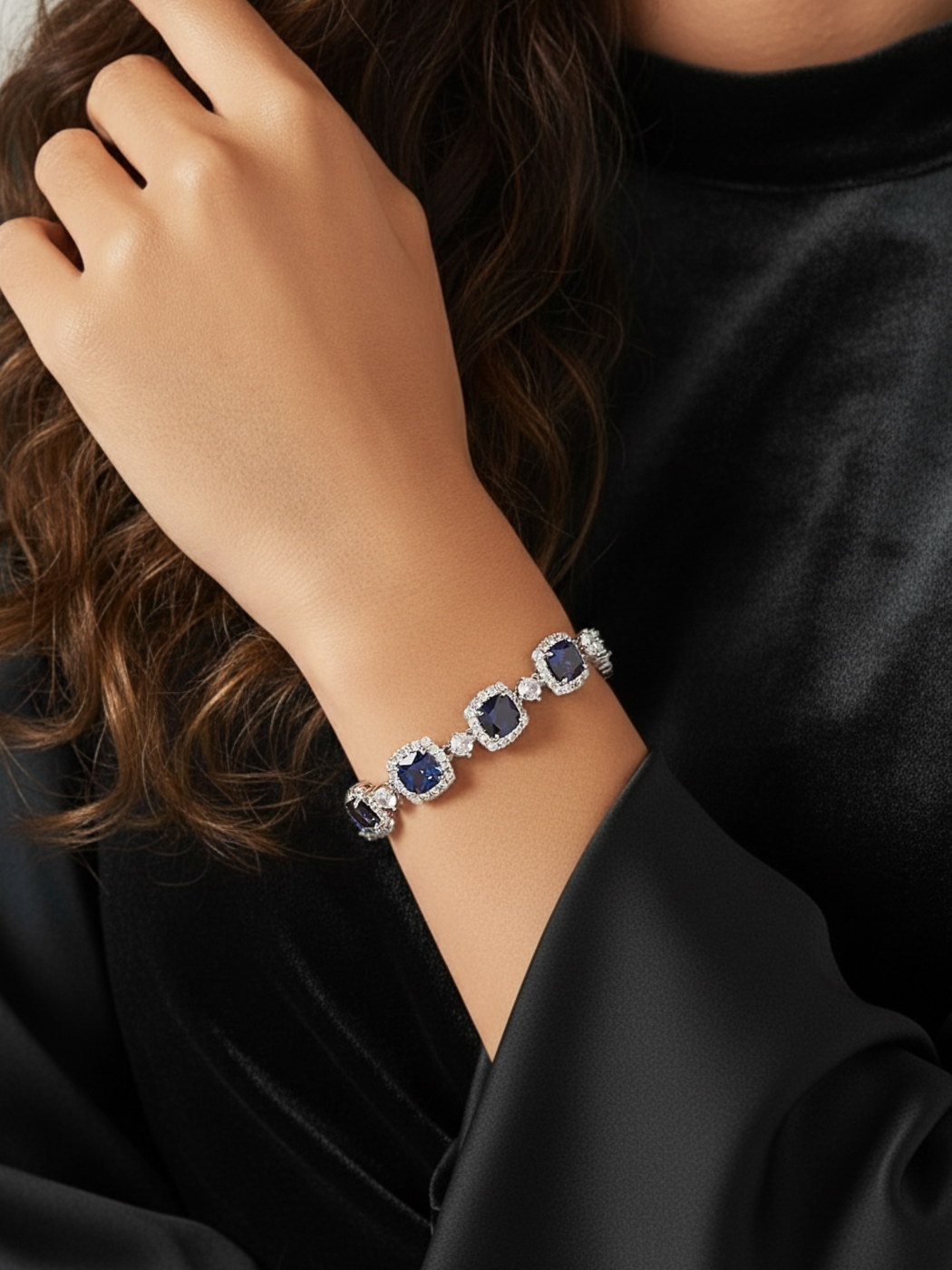 Model Wearing Martina Bracelet in Rhodium Plated Metal Adjustable Length Copper One Size 14gms Mix