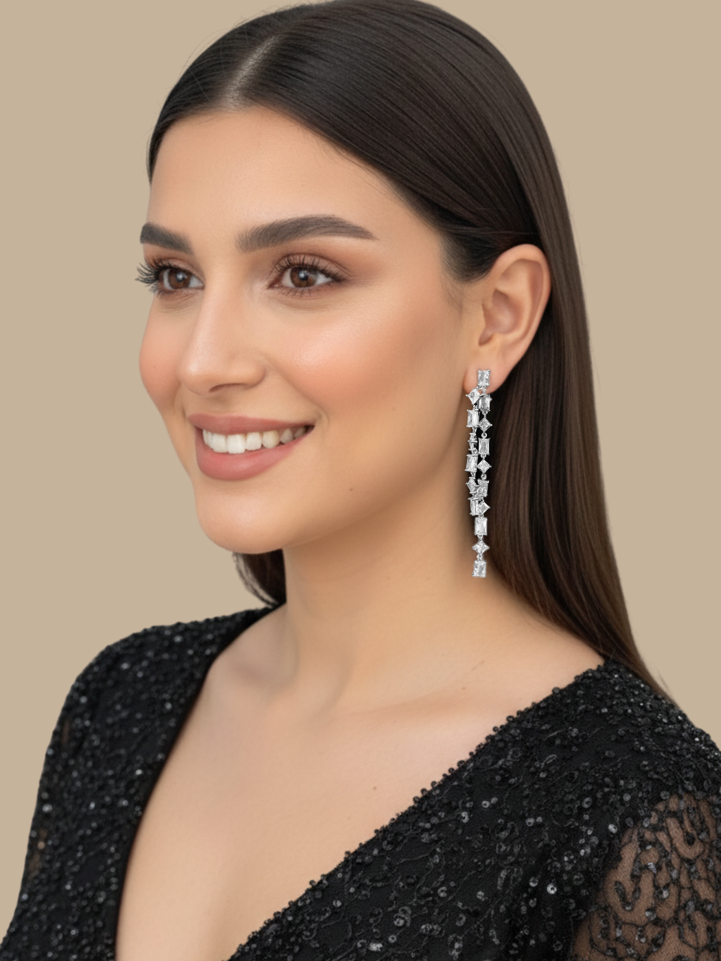 Model Wearing Elora Statement Drop Earrings- White Jewelry for Pierced Ears 925 Sterling Silver 8 cm 11.4gms