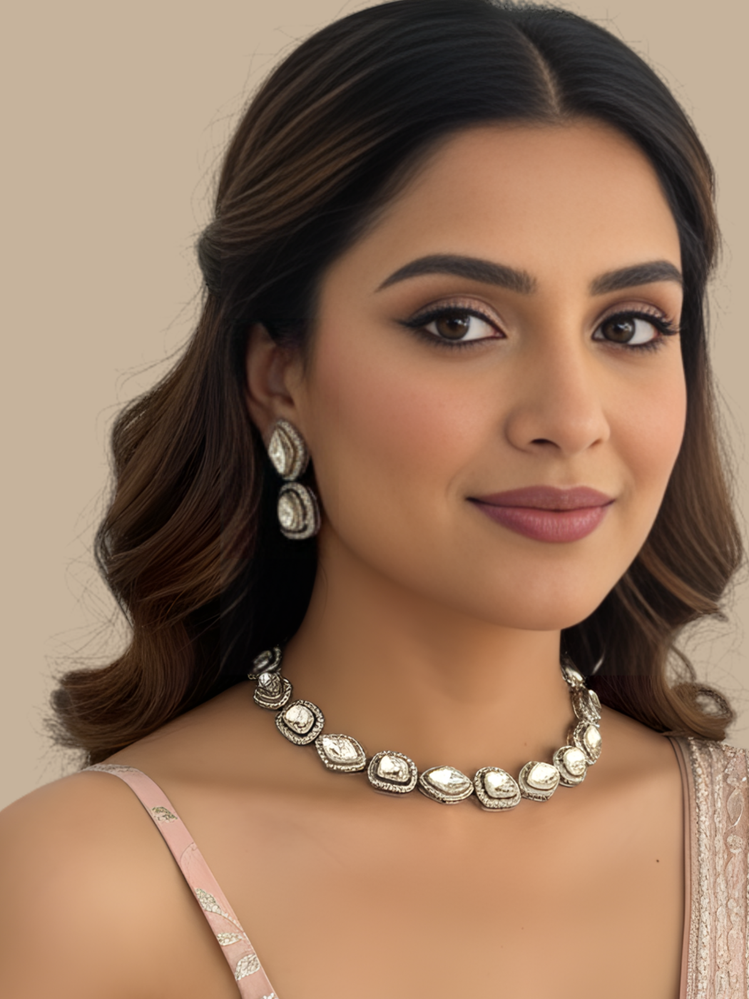 Model Wearing Navya Kundan Polki Necklace and Drop Earring Set in Silver Tone Adjustable Length Plated Brass Metal Stone One Size 91.7gms