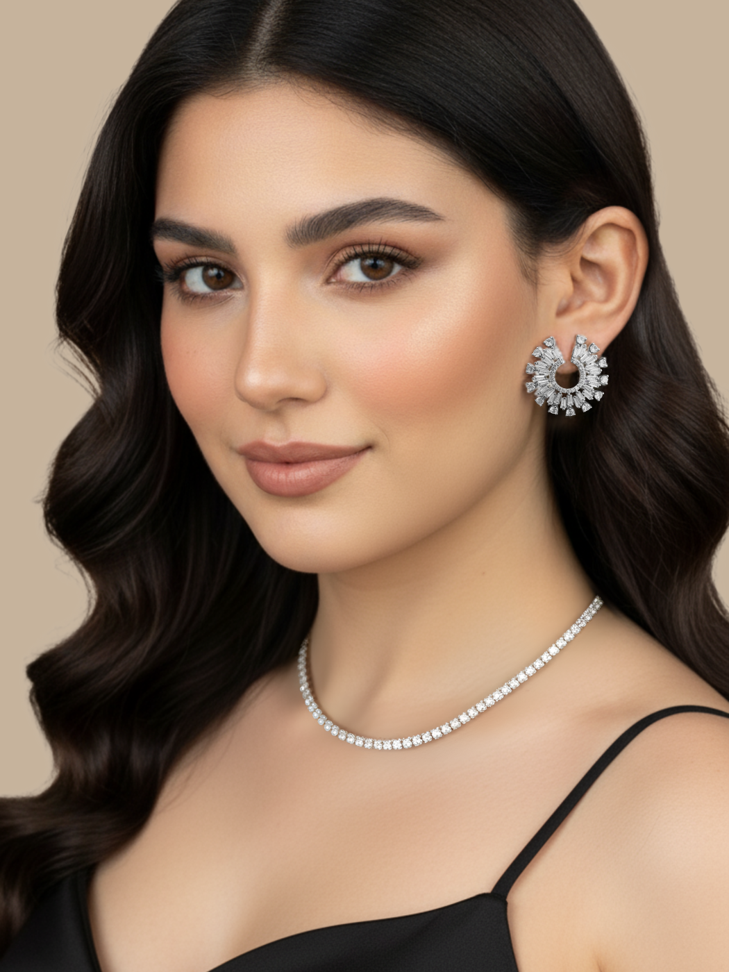 Model Wearing Herina Halo Stud Earrings -white Jewelry for Pierced Ears Rhodium Plated Brass Post / Pin & Push in 925 Sterling Silver Stamp Marked 3 cm 11.2gms