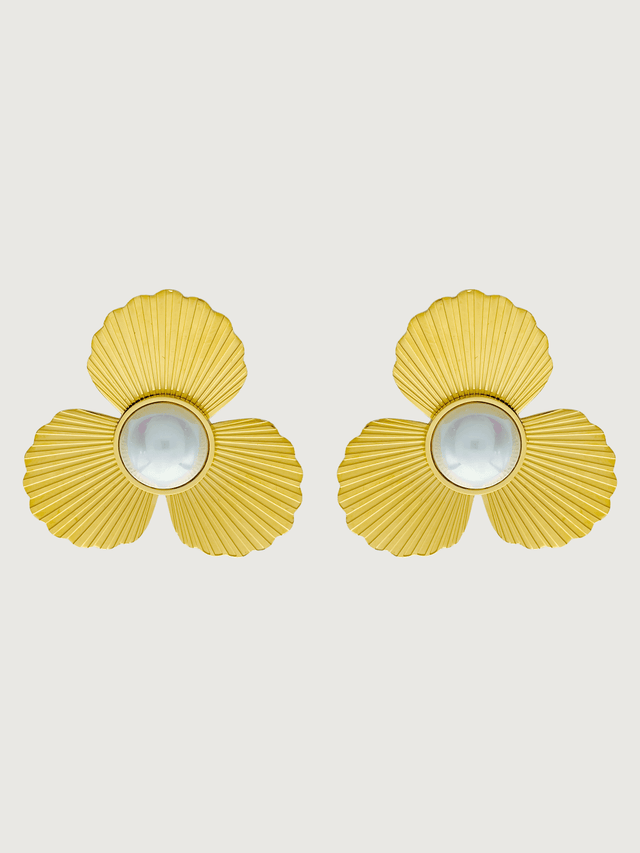 Front View of Louise Pearl Stud Earrings in 18K Gold Plated Metal Jewelry for Pierced Ears 18k Steel | Hypoallergenic Tarnish Resistant Sweat Water Stone Eco - Friendly One Size 14gms Stainless