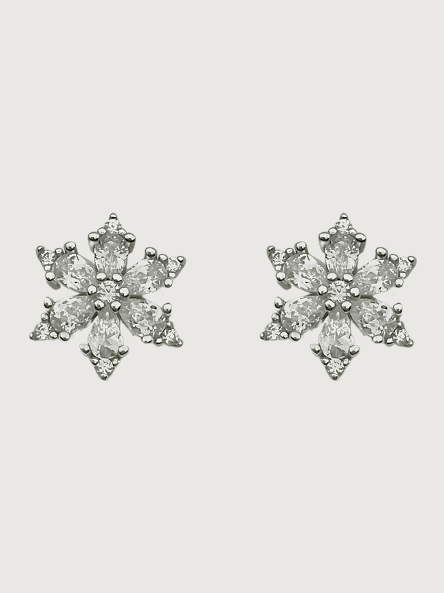Front View of Belle Snowflake Earrings in Sterling Silver Jewelry for Pierced Ears 925 Metal Stone One Size 1.7gms