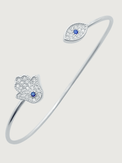 Closeup of Amani Hamsa and Evil Eye Bangle in 925 Sterling Silver Comfort Fit Metal 16 cm 2.6gms