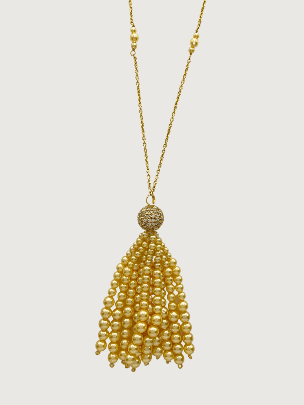 Front View of Selina Pearl Tassel Necklace in 18K Gold Plated Sterling Silver Fixed Length 18k 925 Brass Metal Stone One Size 23.3gms
