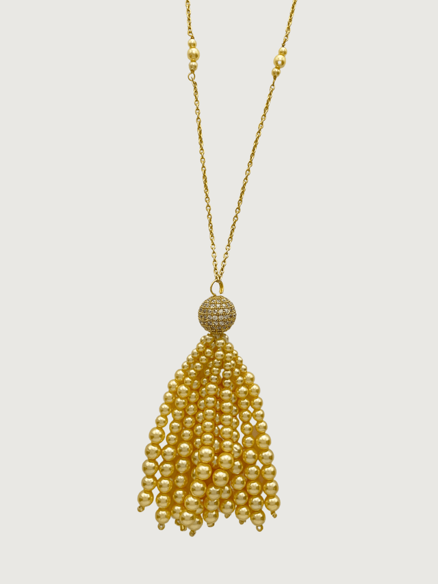 Front View of Selina Pearl Tassel Necklace in 18K Gold Plated Sterling Silver Fixed Length 18k 925 Brass Metal Stone One Size 23.3gms