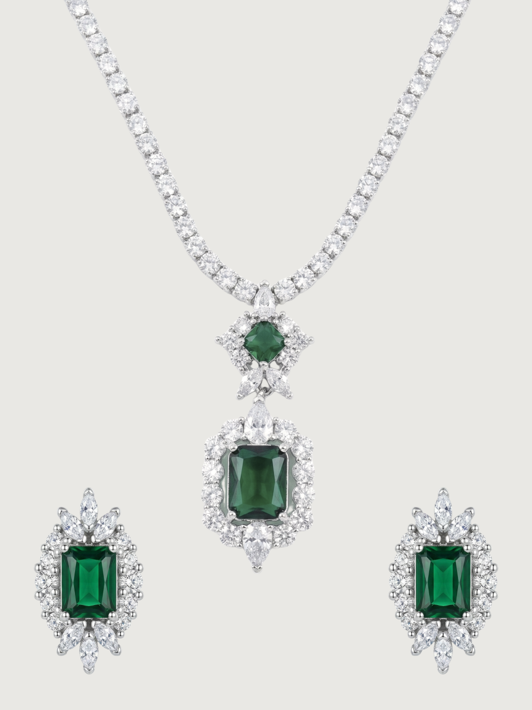 Front View of Amaris Tennis Necklace and Earrings in Rhodium Plated Metal-Green Comfort Fit Copper 16 inches 22.5gms Mix Metal