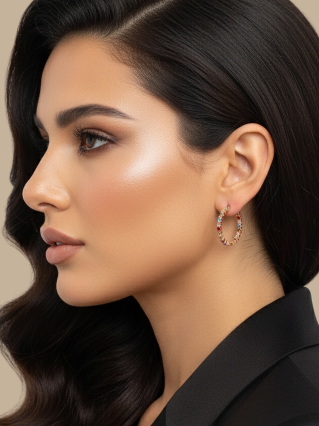 Model Wearing Alana Hoop Earrings Jewelry for Pierced Ears 18k Rose Gold Plated 925 Sterling Silver One Size 5.7gms