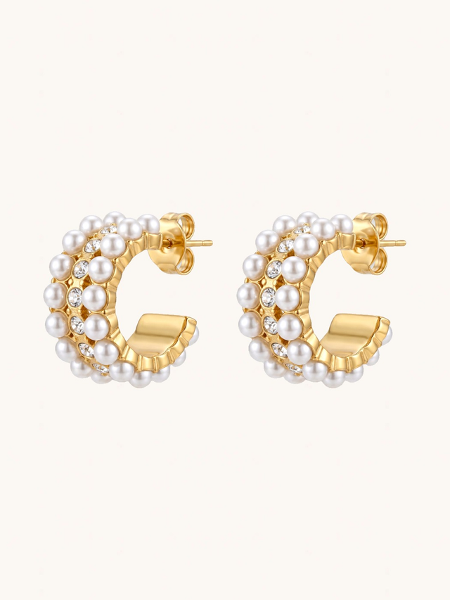 Front View of Marbella Pearl Hoop Earrings Jewelry for Pierced Ears 18k Gold Plated Steel | Hypoallergenic Tarnish Resistant Sweat Water One Size 10.8gms Mix Metal