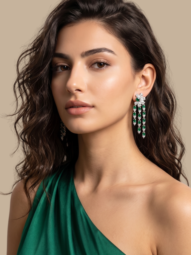 Model Wearing Allesia Earrings Jewelry for Pierced Ears Rhodium Plated Brass 6 cm 15gms Mix Metal