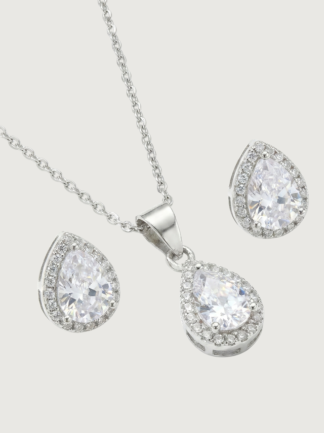 Closeup of Zia Drop Pendant Necklace & Stud Earring Set in Sterling Silver Fixed Length 925 Metal 16 inches 3gms