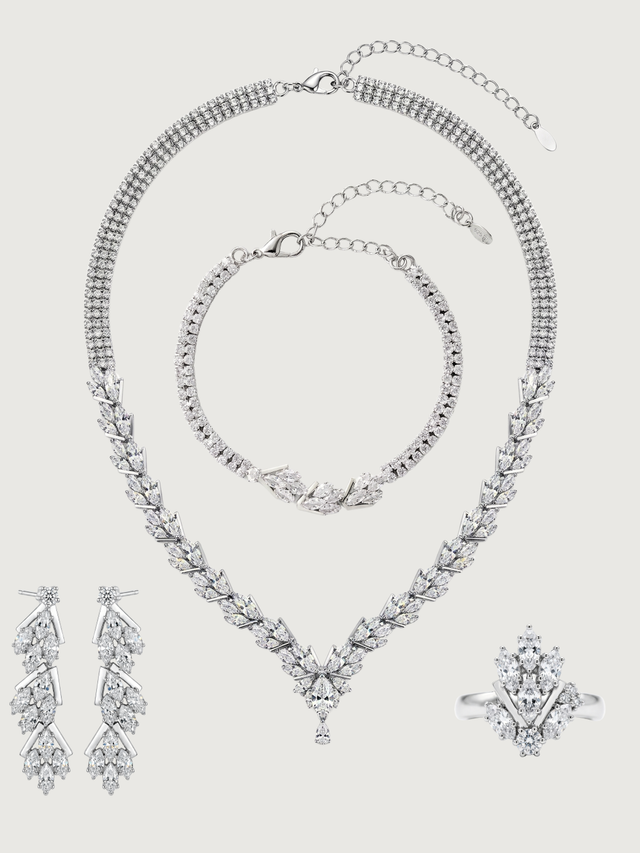 Front View of Gwen Necklace with Earrings Bracelet and Ring in Rhodium Plated Metal Comfort Fit Copper 16 inches 31.3gms Mix