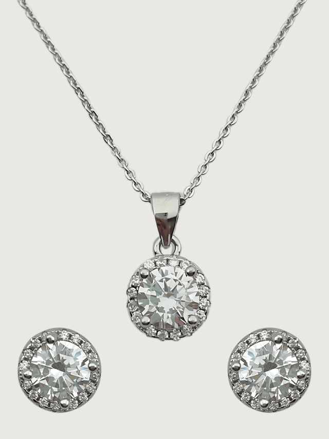 Front View of Lia Pendant Necklace & Stud Earrings Set in Sterling Silver Fixed Length 925 Metal Stone One Size 3.2gms