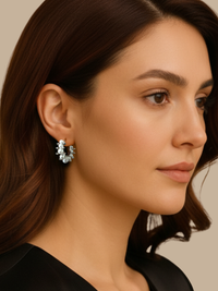 Model Wearing Leya Pearl Hoop Earrings Jewelry for Pierced Ears Rhodium Plated Brass 3 cm 9.7gms