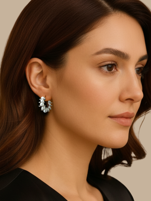 Model Wearing Leya Pearl Hoop Earrings Jewelry for Pierced Ears Rhodium Plated Brass 3 cm 9.7gms