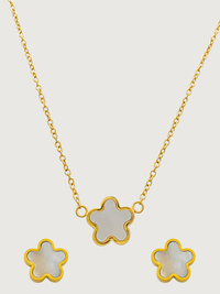 Front View of Freya Flower Pendant & Stud Earrings Set in 18k Gold-Plated Metal Adjustable Length Gold Plated Steel | Hypoallergenic Tarnish Resistant Sweat Water One Size 12gms