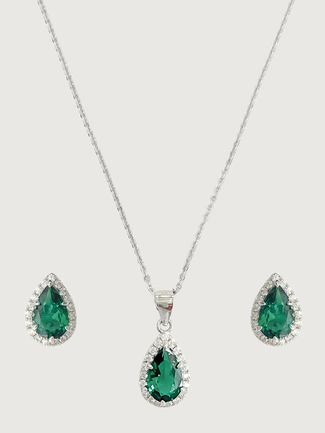 Front View of Zia Drop Pendant Necklace & Stud Earrings in 925 Sterling Silver - Green Adjustable Length Metal 16 inches 4.7gms