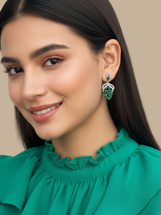 Model Wearing Lyra Vine Cluster Drop Earrings in Rhodium Plated Metal-Green Jewelry for Pierced Ears Post / Pin & Push 925 Sterling Silver Stamp Marked Brass 3.5 cm 6.5gms