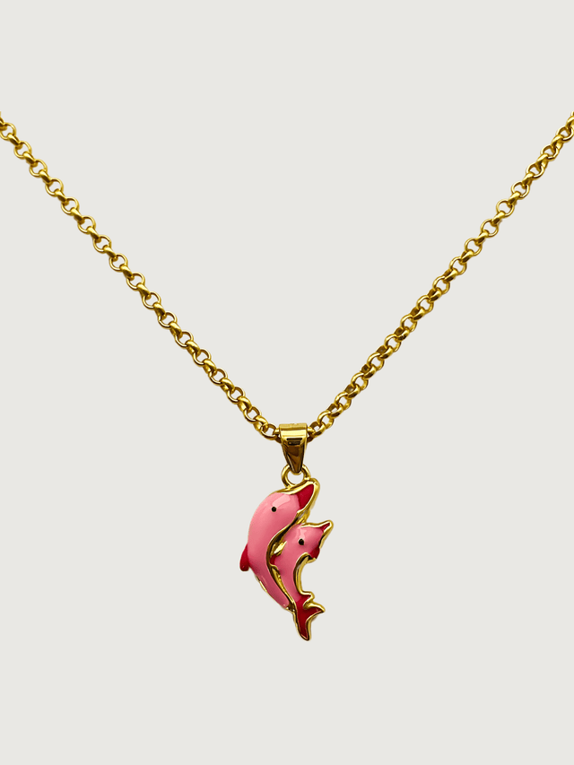 Front View of Little Princess Dolphin Pendant Necklace in 18k Gold Plated sterling Silver Adjustable Length 925 Sterling Metal 14 inches 4.6gms