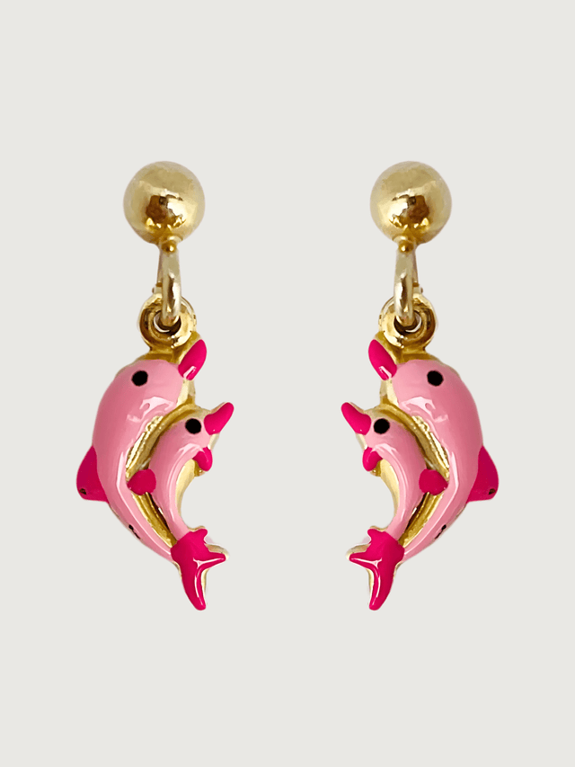 Front View of Little Princess Dolphin Earrings in 18k Gold Plated sterling Silver Jewelry for Pierced Ears 925 Sterling Metal One Size 1.7gms