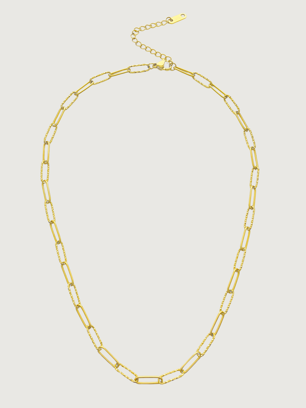 Front View of Celine Paperclip Necklace in 18K Gold Plated Metal Adjustable Length 18k Steel | Hypoallergenic Tarnish Resistant Sweat Water Eco - Friendly One Size 6.1gms