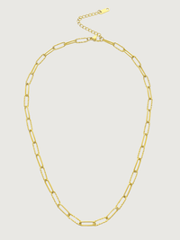 Front View of Celine Paperclip Necklace in 18K Gold Plated Metal Adjustable Length 18k Steel | Hypoallergenic Tarnish Resistant Sweat Water Eco - Friendly One Size 6.1gms
