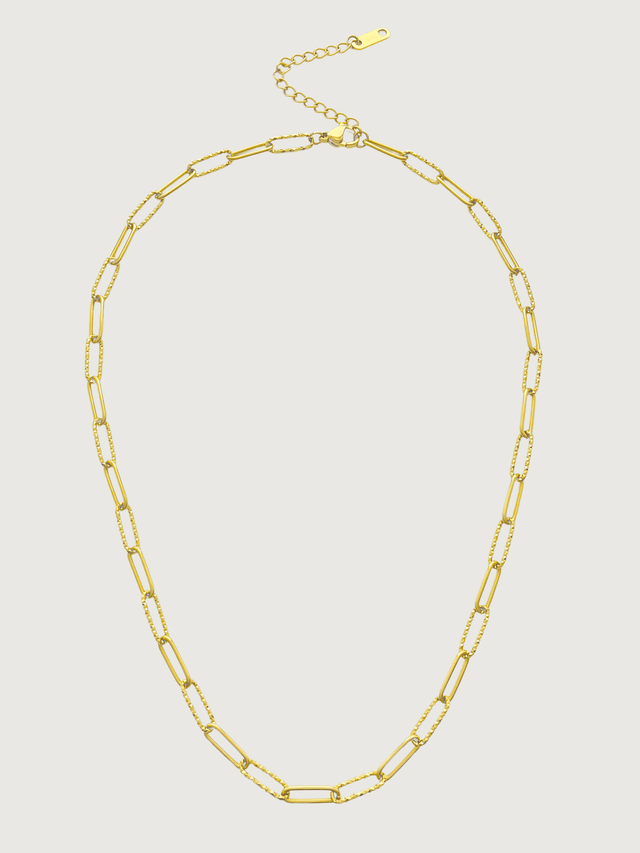 Front View of Celine Paperclip Necklace in 18K Gold Plated Metal Adjustable Length 18k Steel | Hypoallergenic Tarnish Resistant Sweat Water Eco - Friendly One Size 6.1gms