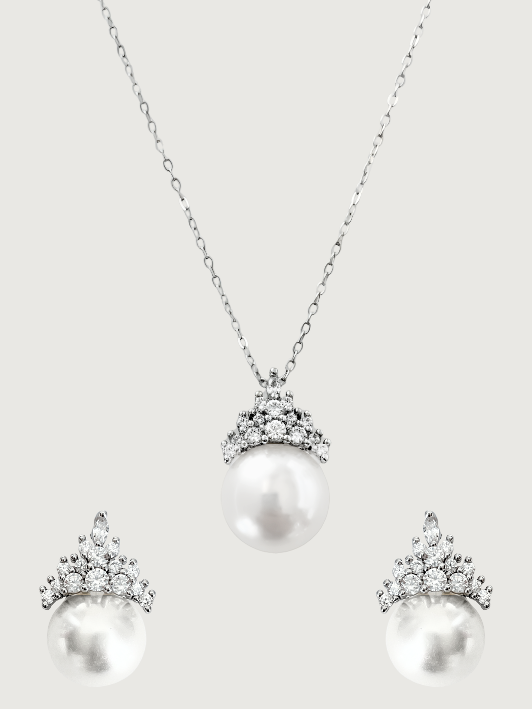 Front View of Eleanor Pearl Drop Pendant Necklace and Earring Set in 925 Sterling Silver Comfort Fit 16 inches 8.5gms