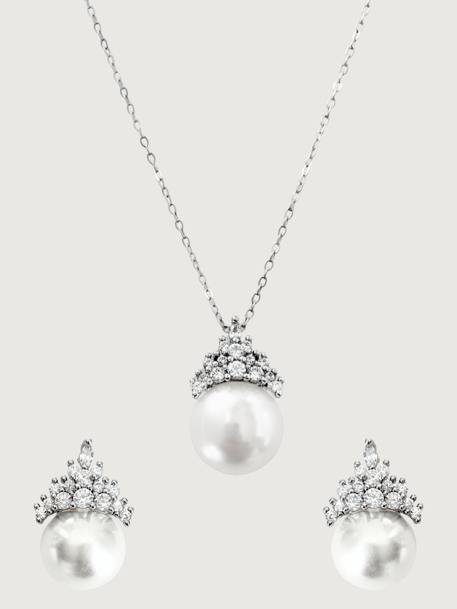 Front View of Eleanor Pearl Drop Pendant Necklace and Earring Set in 925 Sterling Silver Comfort Fit 16 inches 8.5gms