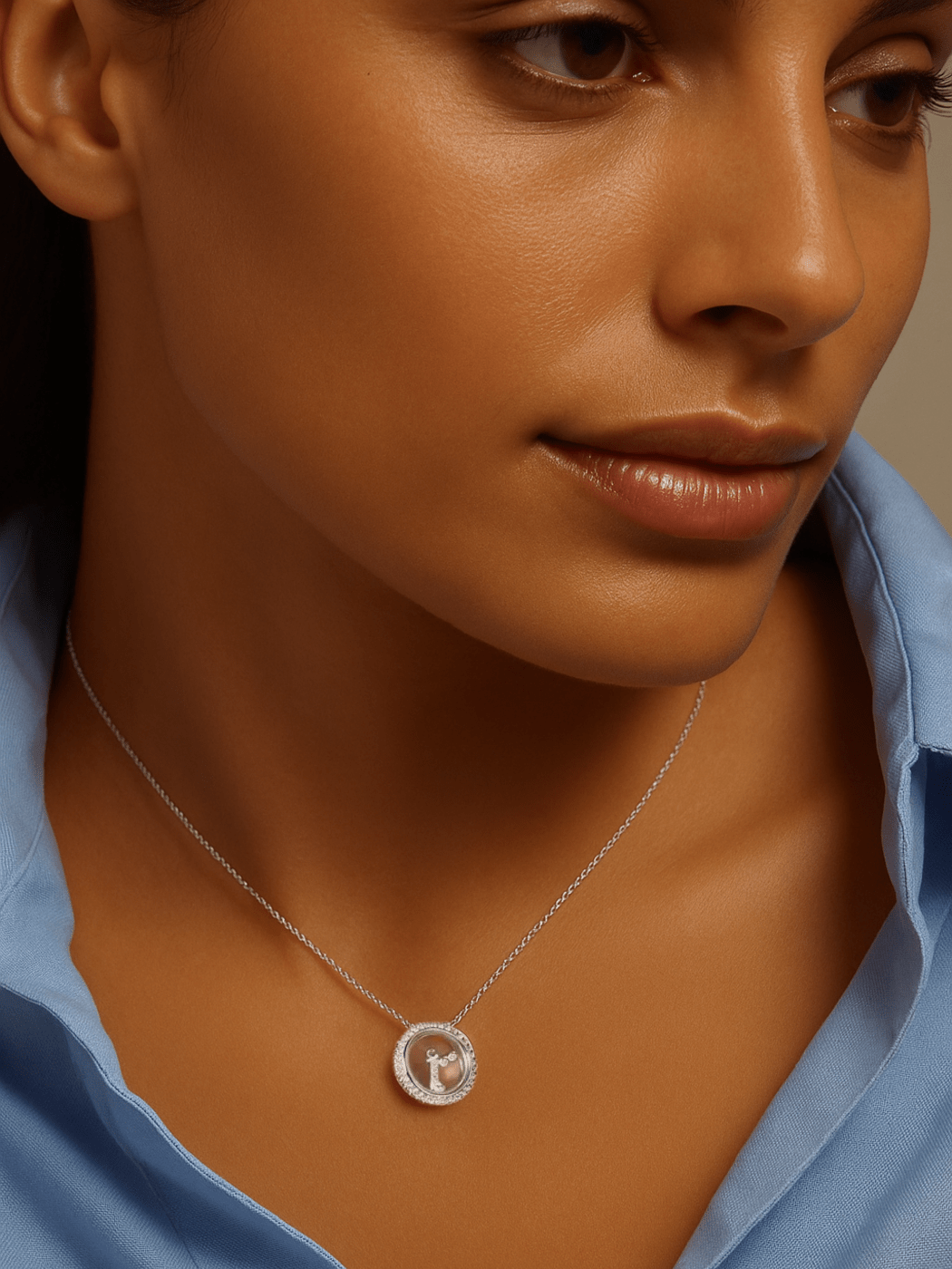 Model Wearing Arabic Letter Alif Charm Pendant Necklace in 925 Sterling Silver Comfort Fit Metal 16 inches 4.3gms