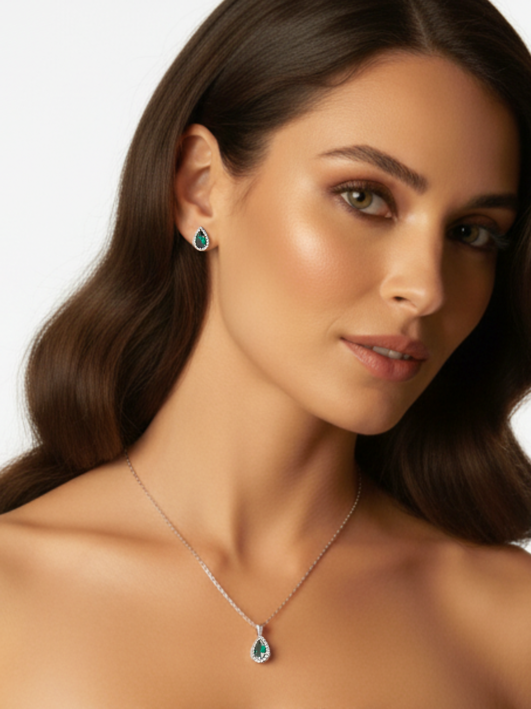 Model Wearing Zia Drop Pendant Necklace & Stud Earrings in 925 Sterling Silver - Green Adjustable Length Metal 16 inches 4.7gms