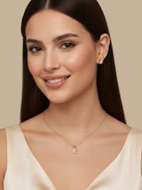Model Wearing Zia Drop Pendant Necklace & Stud Earrings in 18k Rose gold plated 925 sterling silver Comfort Fit Gold Plated Sterling Silver 16 inches 4.8gms