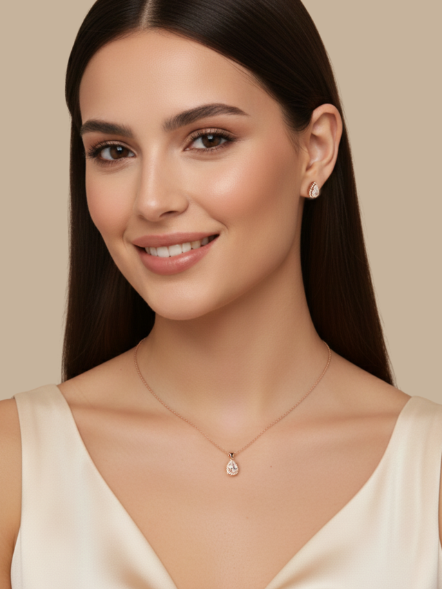 Model Wearing Zia Drop Pendant Necklace & Stud Earrings in 18k Rose gold plated 925 sterling silver Comfort Fit Gold Plated Sterling Silver 16 inches 4.8gms