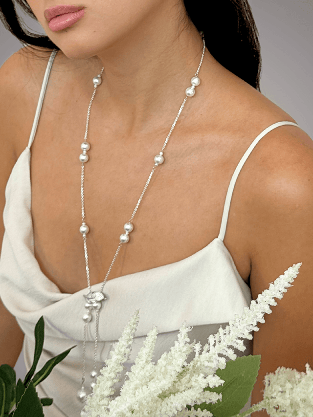 Model Wearing Hailey Long Necklace in 925 Sterling Silver Adjustable Length Metal Stone One Size 29.2gms