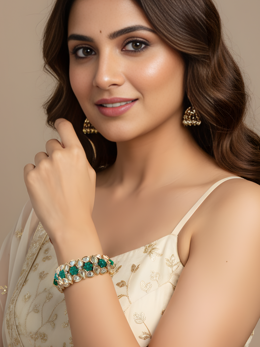 Model Wearing Chhavi Bangles in Gold Plated Metal Comfort Fit Brass Stone One Size 93.8gms