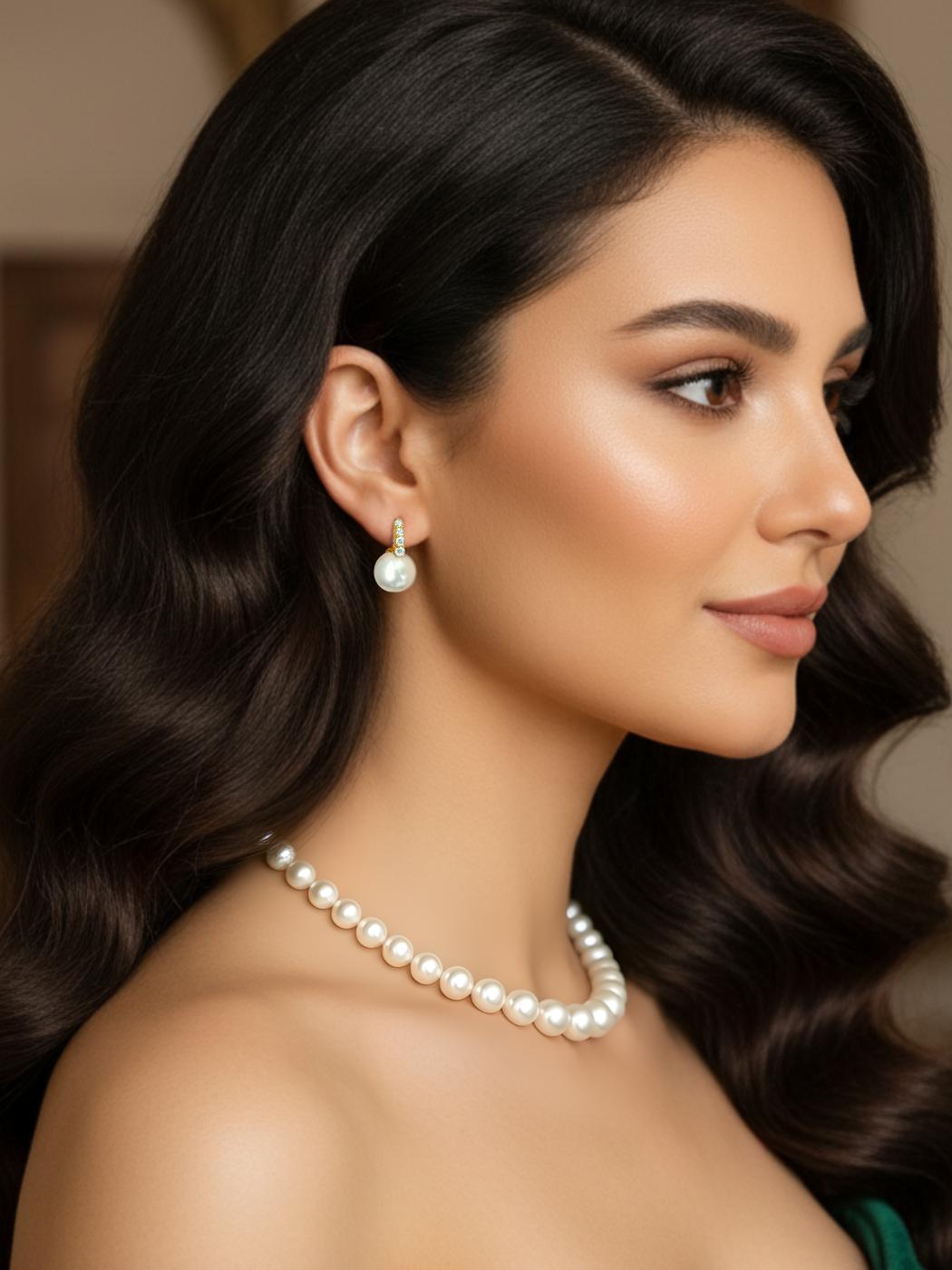Alternate View of Model Wearing Bianca Pearl Huggie Hoop Earrings in 18k Gold Plated Sterling Silver Jewelry for Pierced Ears 925 Metal Stone 2 cm 2.4gms