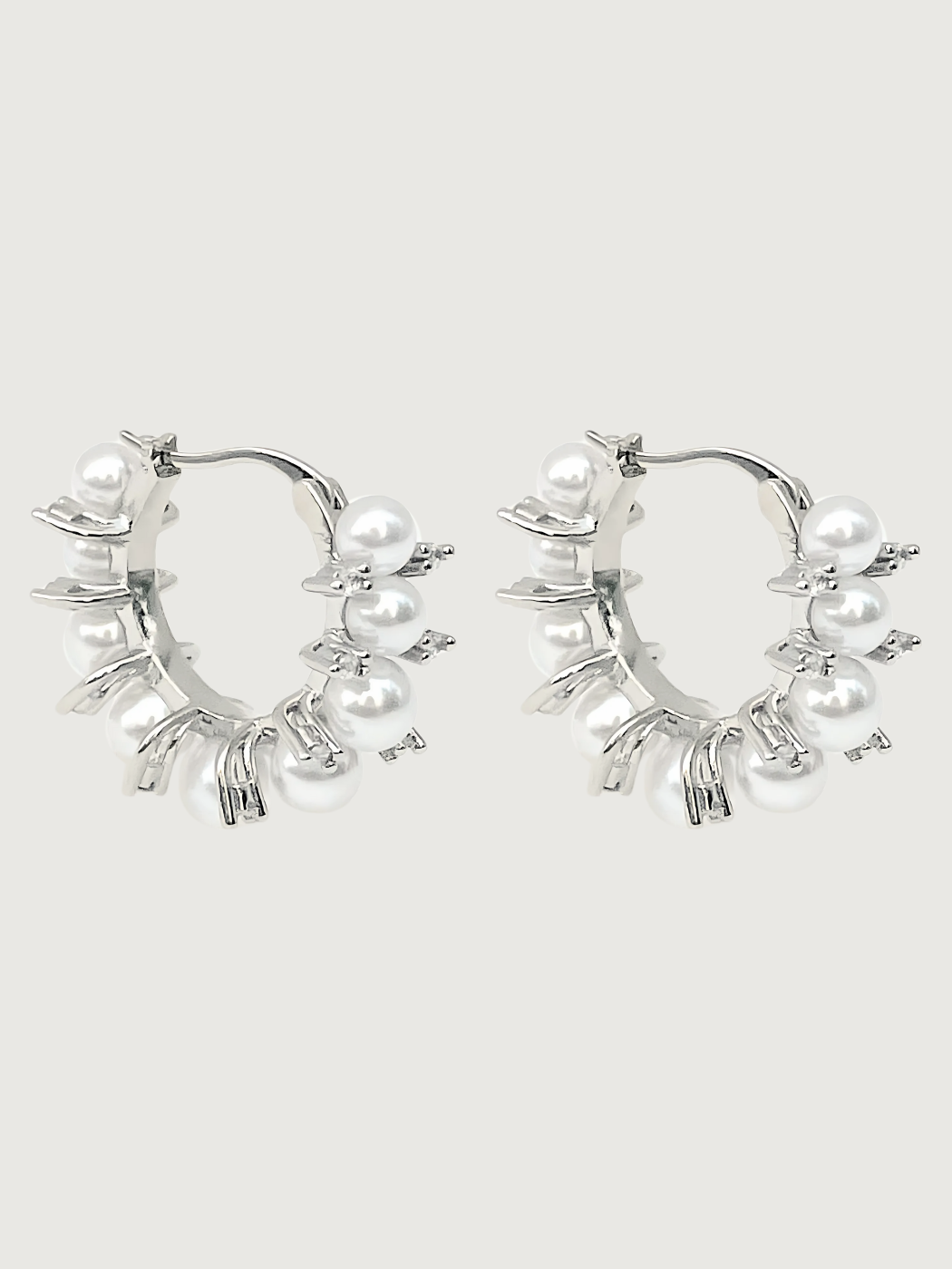 Front View of Lea Pearl Hoop earrings in Rhodium Plating Jewelry for Pierced Ears Plated Brass Metal Stone 3 cm 9.7gms