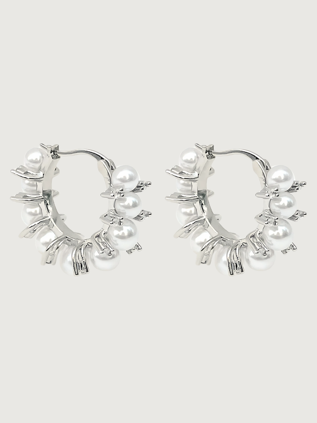 Front View of Lea Pearl Hoop earrings in Rhodium Plating Jewelry for Pierced Ears Plated Brass Metal Stone 3 cm 9.7gms