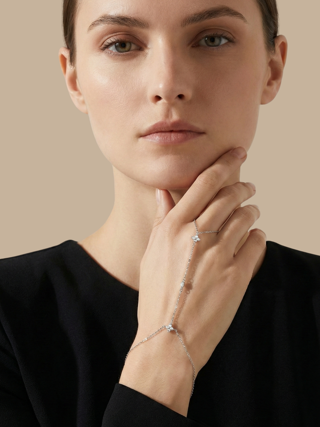 Model Wearing Irene Star Hand Chain Bracelet in 925 Sterling Silver Comfort Fit One Size 1.5gms