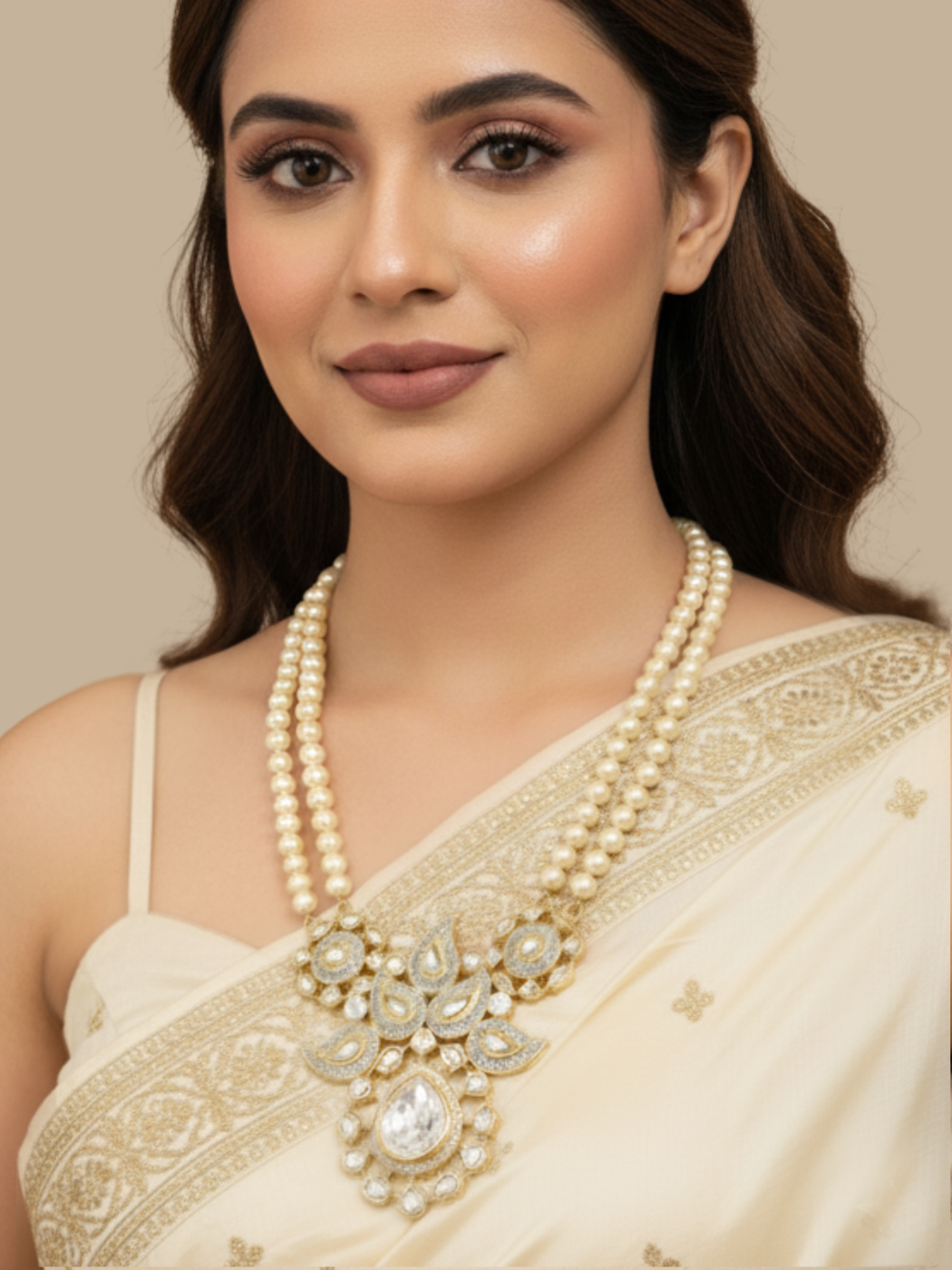 Model Wearing Kavi Pearl Necklace Fixed Length Gold Plated Copper 17 inches 111.3gms Brass