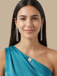 Alternate View of Model Wearing Clara Tassel Earrings Jewelry for Pierced Ears Rhodium Plated Copper 925 Sterling Silver One Size 15.5gms