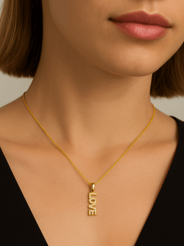 Model Wearing Love Pendant Necklace in 18k Gold Plated Sterling Silver Fixed Length 925 Metal Brass 18 inches 2.7gms