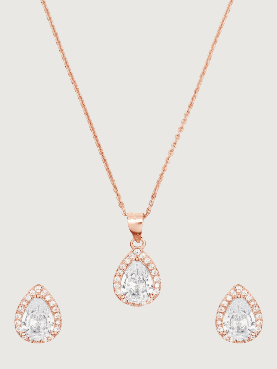 Front View of Zia Drop Pendant Necklace & Stud Earrings in 18k Rose gold plated 925 sterling silver Comfort Fit Gold Plated Sterling Silver 16 cm 4.8gms